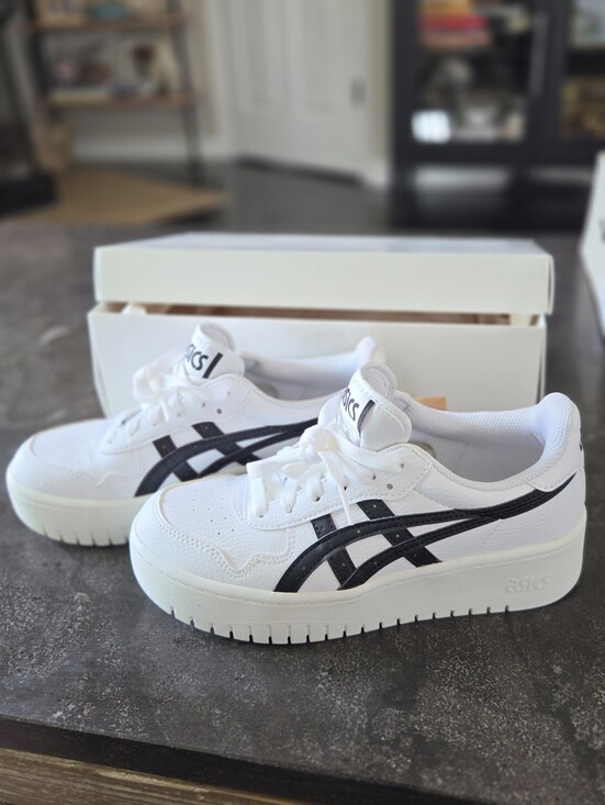 Asics Shoes - ASICS White Low-Top Platform Sneakers - Black Stripes - Size 6 Women - NWT